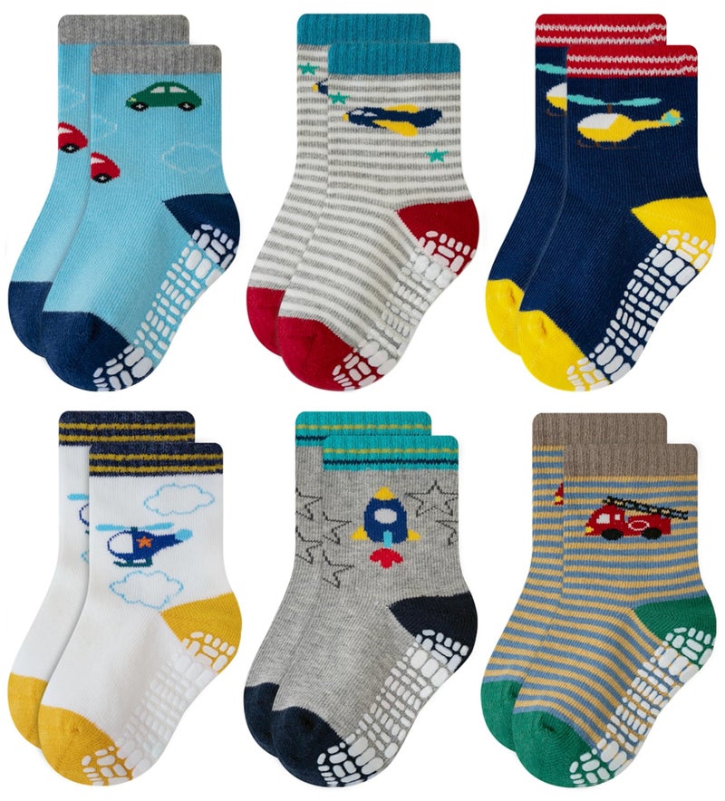 RATIVE Non Skid Anti Slip Slipper Cotton Crew Socks With Grips for Baby Toddlers Kids Boys (3-5T, 6-pairs/RB-711) - Image 1